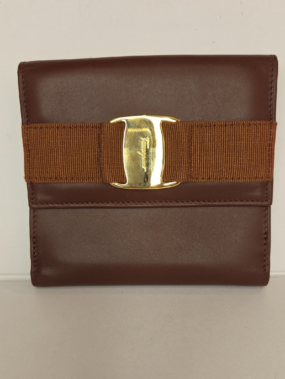 Salvatore Ferragamo Vara Brown Leather Wallet with Gold Buckle